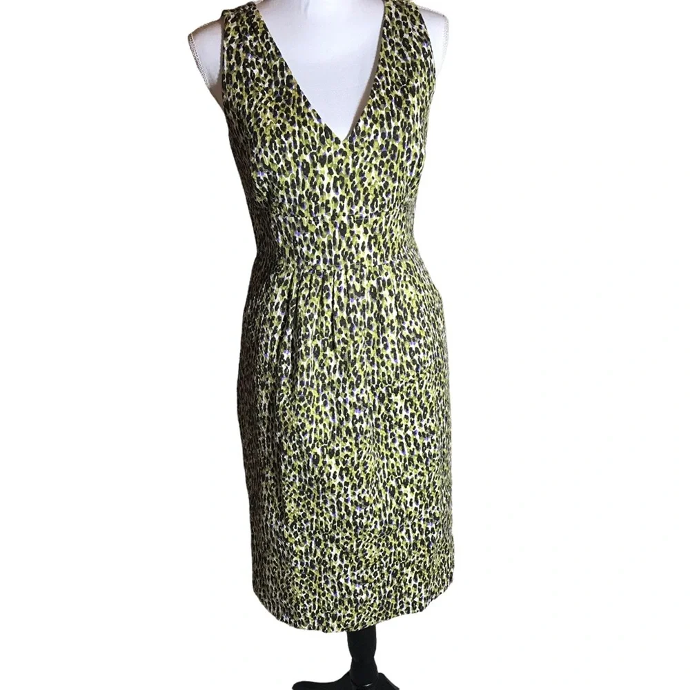 J. Crew Fabiola Green Animal Print Sleeveless Dress‎ Size 6 Cocktail Pockets